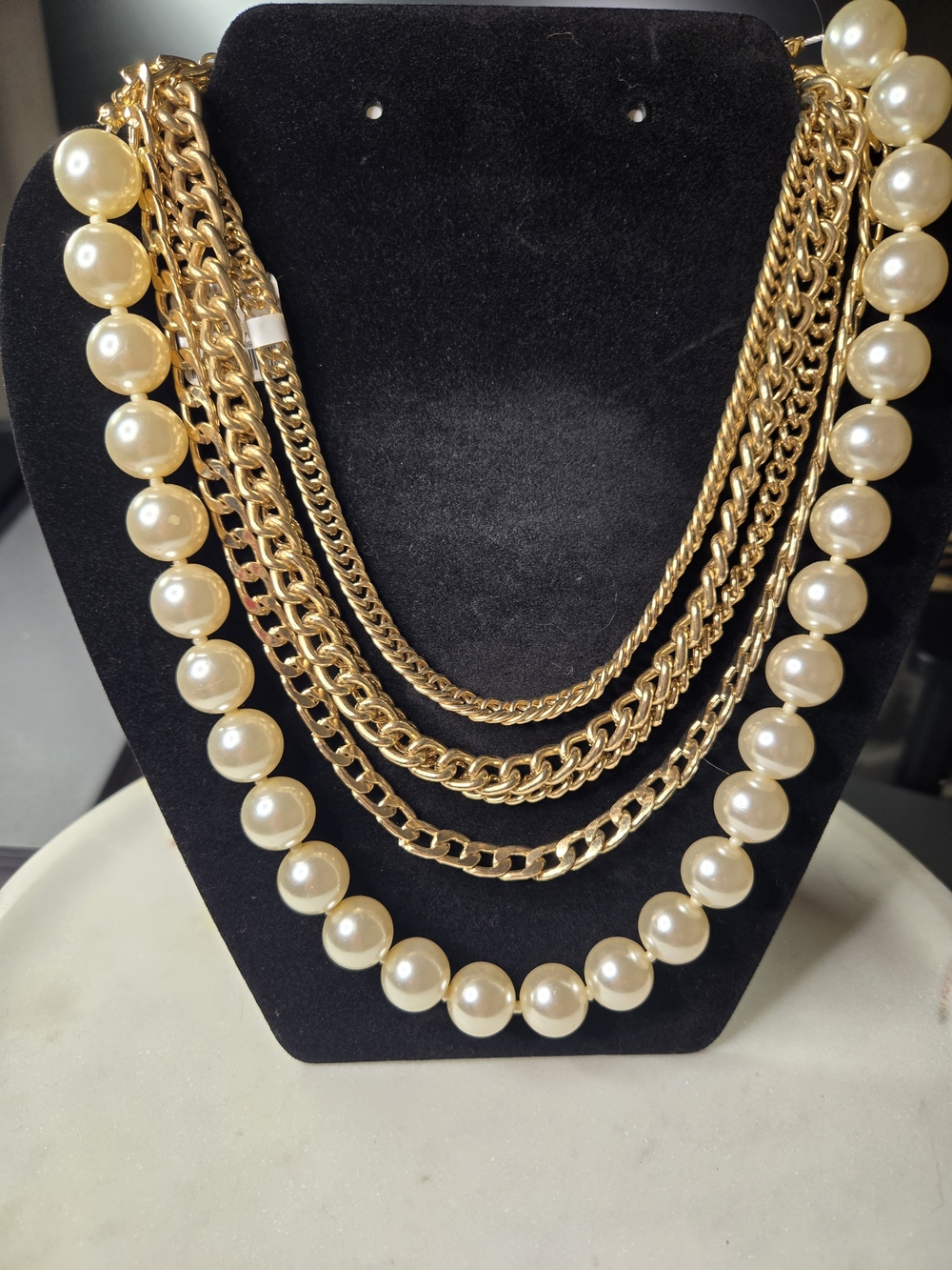 Gold Multi-Row Chain & Pearl Statement Necklace
